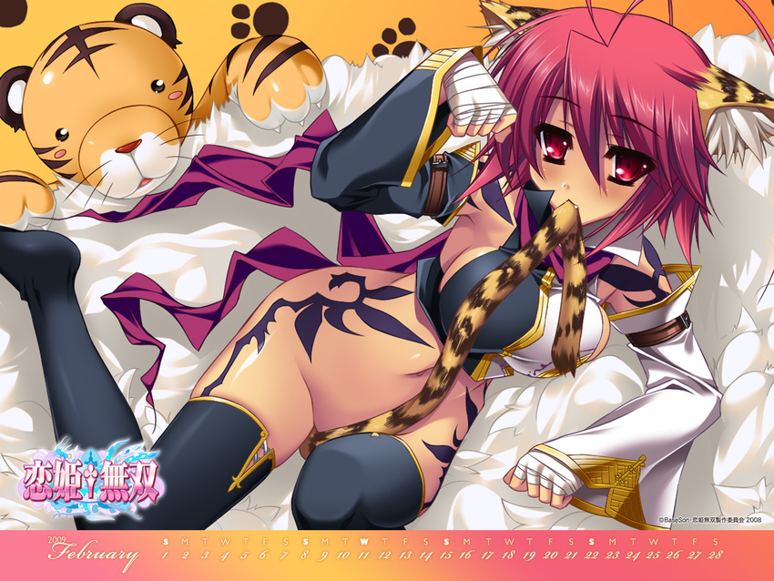 2009 animal_costume animal_ears animal_print bottomless calendar_(medium) cat_ears copyright_name costume february highres katagiri_hinata koihime_musou mouth_hold no_panties official_art red_eyes red_hair ryofu short_hair solo tail thighhighs tiger tiger_costume tiger_print watermark