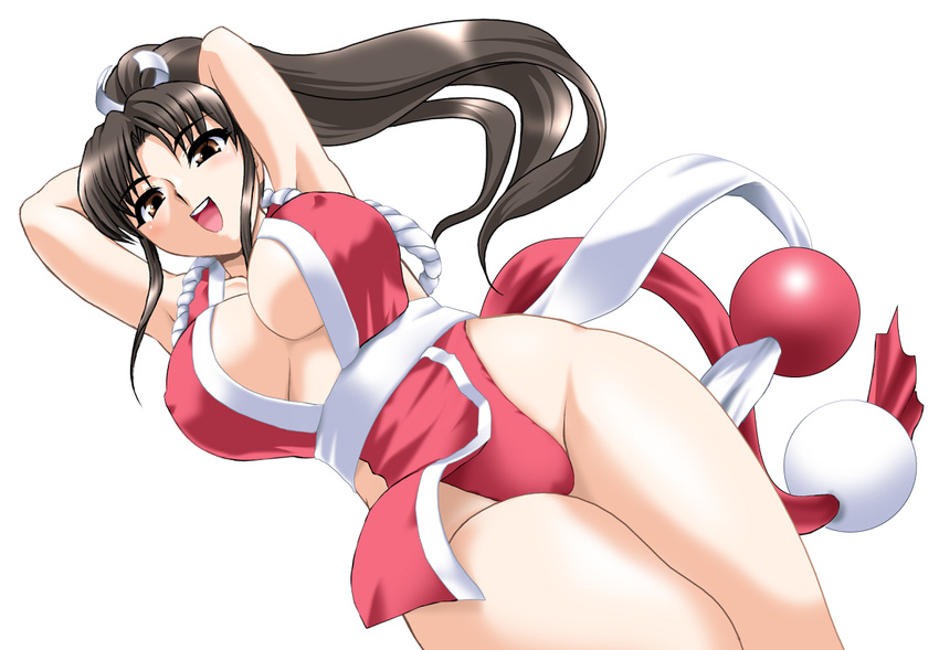 breasts brown_eyes brown_hair cleavage covered_nipples fatal_fury japanese_clothes large_breasts long_hair ninja open_mouth panties pelvic_curtain ponytail revealing_clothes shiranui_mai smile solo the_king_of_fighters thighs toushi_ryoku underwear