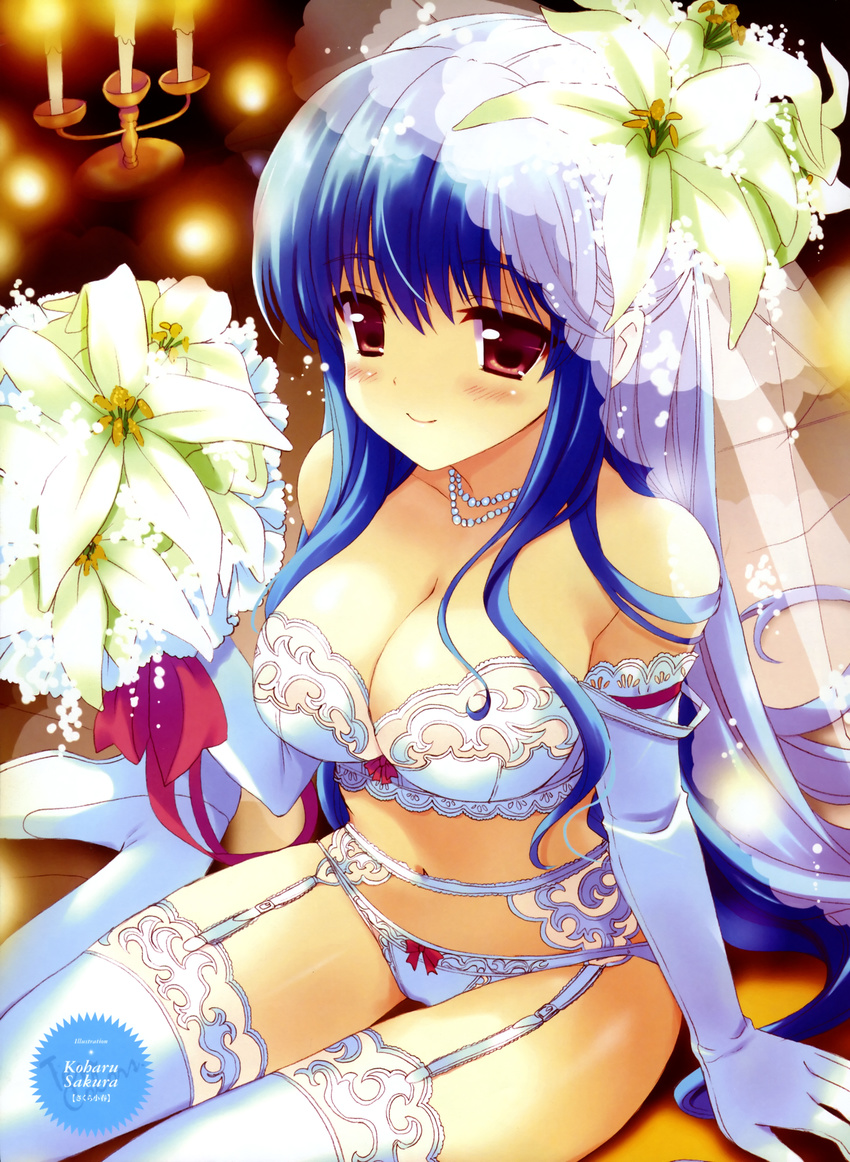 absurdres arm_support blue_hair blush bouquet bra breasts bridal_veil cleavage copyright_request elbow_gloves flower garter_belt gloves highres jewelry lace lace-trimmed_thighhighs large_breasts legs lily_(flower) lingerie long_hair looking_at_viewer navel necklace non-web_source panties red_eyes sakura_koharu sitting solo thigh_gap thighhighs thighs underwear underwear_only veil white_legwear white_panties