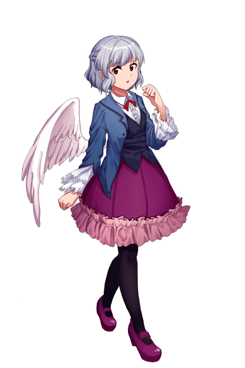 absurdres alternate_costume black_blouse black_legwear blouse blue_jacket braid center_frills collared_shirt dress feathered_wings frilled_dress frills full_body furahata_gen highres jacket kishin_sagume long_sleeves looking_at_viewer pantyhose purple_dress purple_footwear red_eyes red_neckwear shirt shoes short_hair silver_hair simple_background single_wing solo standing touhou white_background white_shirt white_wings wing_collar wings
