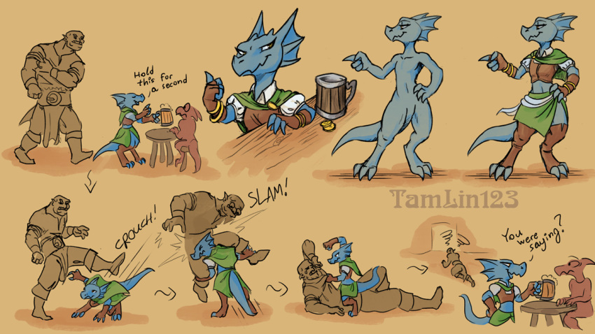 2019 alcohol beer beverage blue_scales clothing female fight humanoid kobold male orc scales scalie simple_background tamlin123