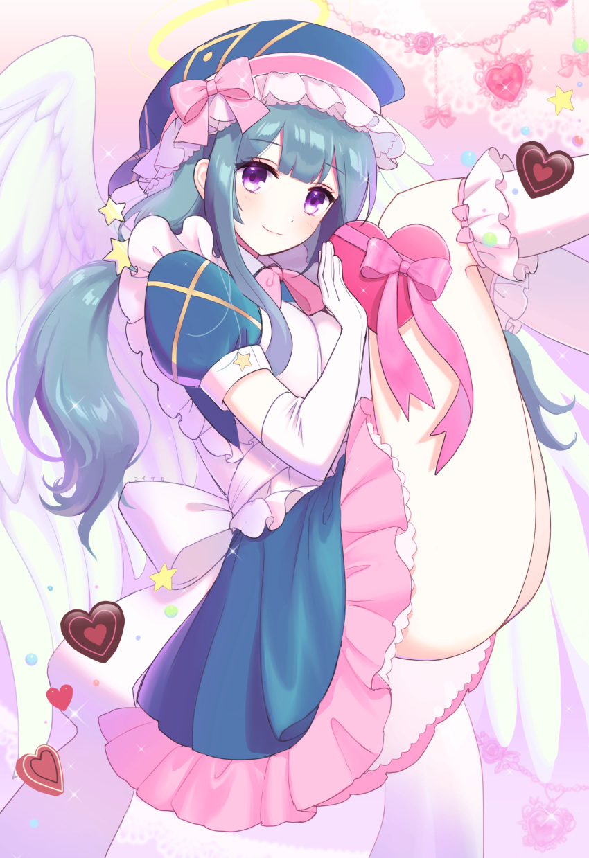 1girl absurdres angel_wings ass blue_hair blue_hat blue_skirt blush bow breasts elbow_gloves feet_out_of_frame gloves hair_ornament hat hat_bow heart highres kkokko kneehighs legs_up long_hair looking_at_viewer monster_strike pink_background pink_bow puffy_sleeves purple_eyes raphael_(monster_strike) sitting skirt smile solo star star_hair_ornament valentine very_long_hair white_gloves white_legwear white_wings wings