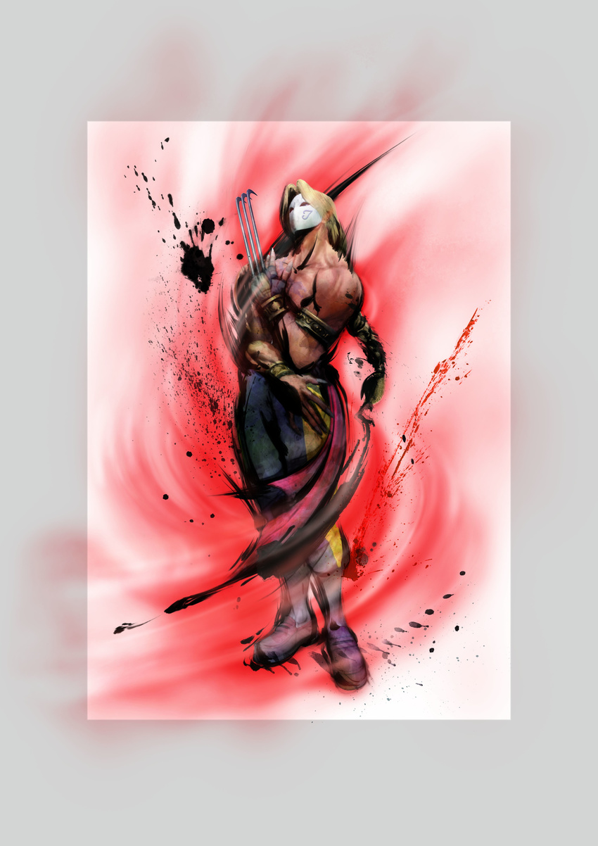 absurdres armlet balrog blonde_hair border bracelet braid claw_(weapon) fingerless_gloves fingernails gloves highres ikeno_daigo jewelry kneehighs loafers long_fingernails long_hair looking_up male_focus mask muscle official_art paint_splatter pants sash shirtless shoes single_braid single_vertical_stripe snake solo spanish standing street_fighter street_fighter_iv_(series) tattoo very_long_hair weapon