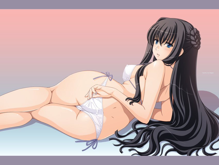 ass bikini black_hair blue_eyes blush braid breasts covered_nipples dimples_of_venus from_behind gundam gundam_00 highres long_hair looking_at_viewer lying marina_ismail medium_breasts on_side parted_lips side-tie_bikini solo swimsuit tadano_akira wallpaper white_bikini