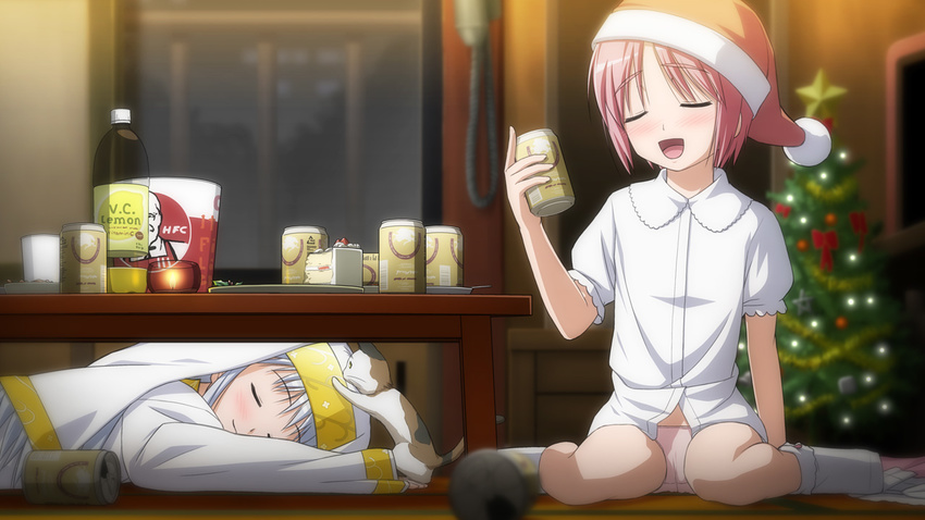 alcohol beer blue_hair blush cake can cat christmas christmas_tree closed_eyes colonel_sanders food hat index long_hair multiple_girls no_pants ogata panties pastry pink_hair robe santa_hat short_hair socks sphinx_(index) to_aru_majutsu_no_index tsukuyomi_komoe underwear