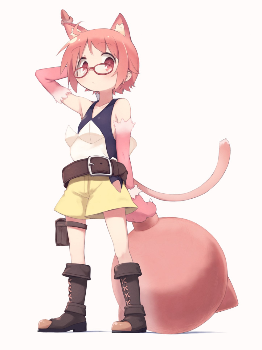 1girl ahoge animal_ears arm_up belt blush boots brown_footwear cargo_shorts cat_ears cat_paws cat_tail closed_mouth collarbone expressionless eyebrows_visible_through_hair full_body glasses grey_background hand_behind_head highres holding holding_weapon kirara_fantasia knee_boots looking_at_viewer nonohara_yuzuko okayparium paws pink_eyes pink_hair red-framed_eyewear shorts simple_background solo tail weapon yuyushiki
