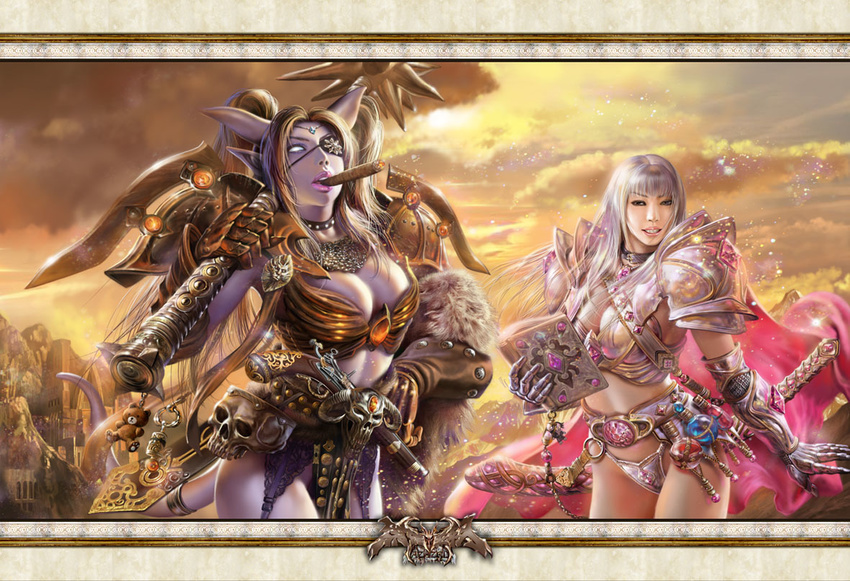 armor azazel1944 bikini_armor breasts breasts_apart cigar cleavage draenei eyepatch gloves large_breasts multiple_girls paladin_(warcraft) panties pointy_ears sword underwear warcraft weapon world_of_warcraft