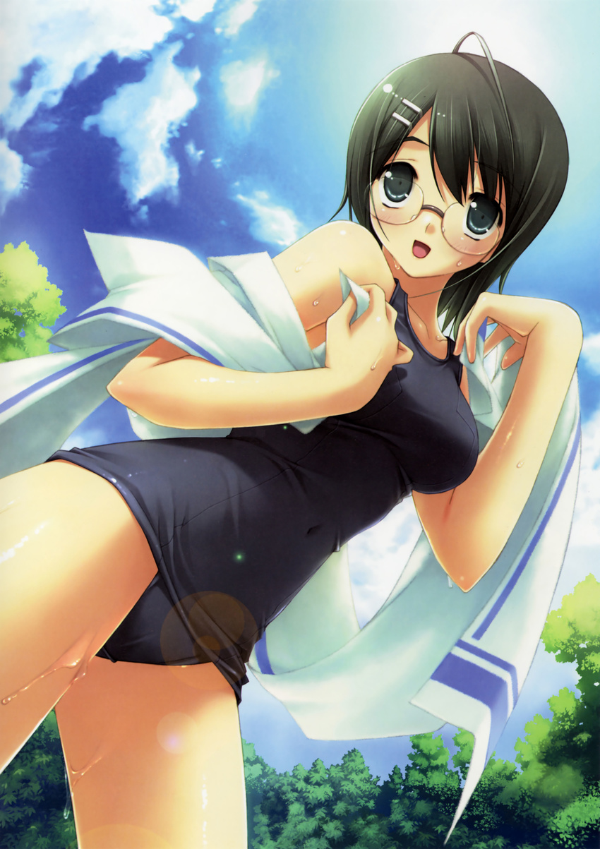 absurdres black_hair black_school_swimsuit cloud day gennosuke glasses grey_eyes highres one-piece_swimsuit school_swimsuit short_hair sky solo swimsuit towel wet yorihime_nao yosuga_no_sora