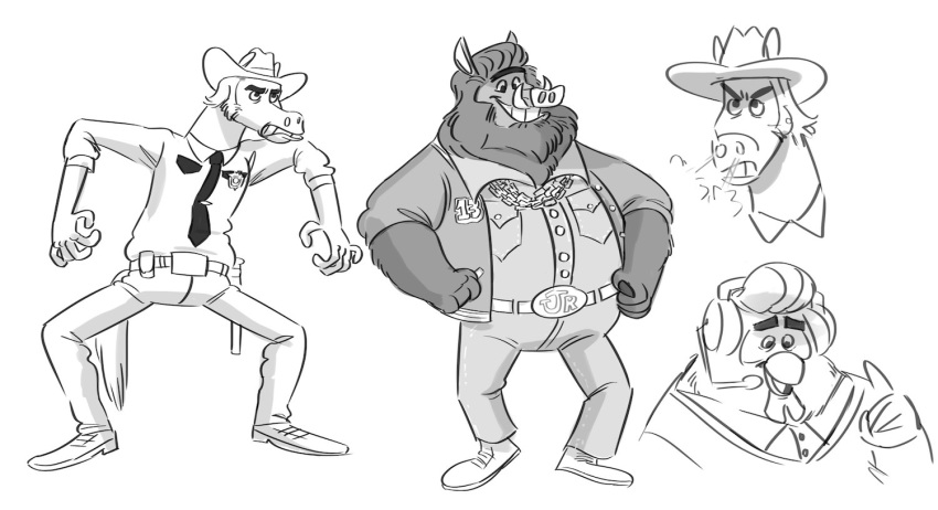 2017 5_fingers angry anthro avian badge belt bird buddy_thunderstruck_(series) chicken clothed clothing cowboy_hat equine facial_hair full-length_portrait fully_clothed greyscale group hat horse jewelry male mammal monochrome necklace necktie nick_the_new_guy_(buddy_thunderstruck) pants polartoons portrait sheriff sheriff_badge sheriff_cannonball_(buddy_thunderstruck) sideburns simple_background smile suina tex_arkana_(buddy_thunderstruck) tusks white_background