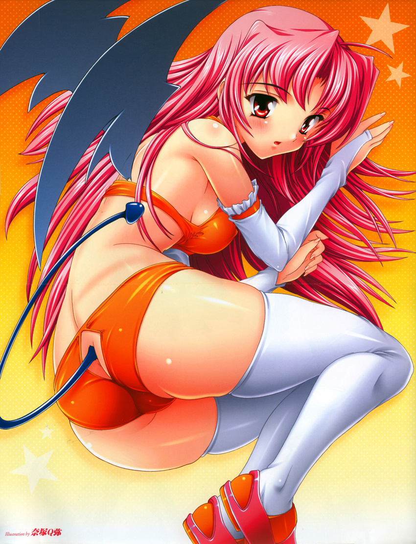 absurdres ass blush boku_to_akuma-chan breasts bridal_gauntlets cameltoe demon_girl elbow_gloves feet_out_of_frame fetal_position gloves highres large_breasts latex long_hair natsuka_qya pink_hair red_eyes shoes sideboob solo star tail thighhighs trefoil wings