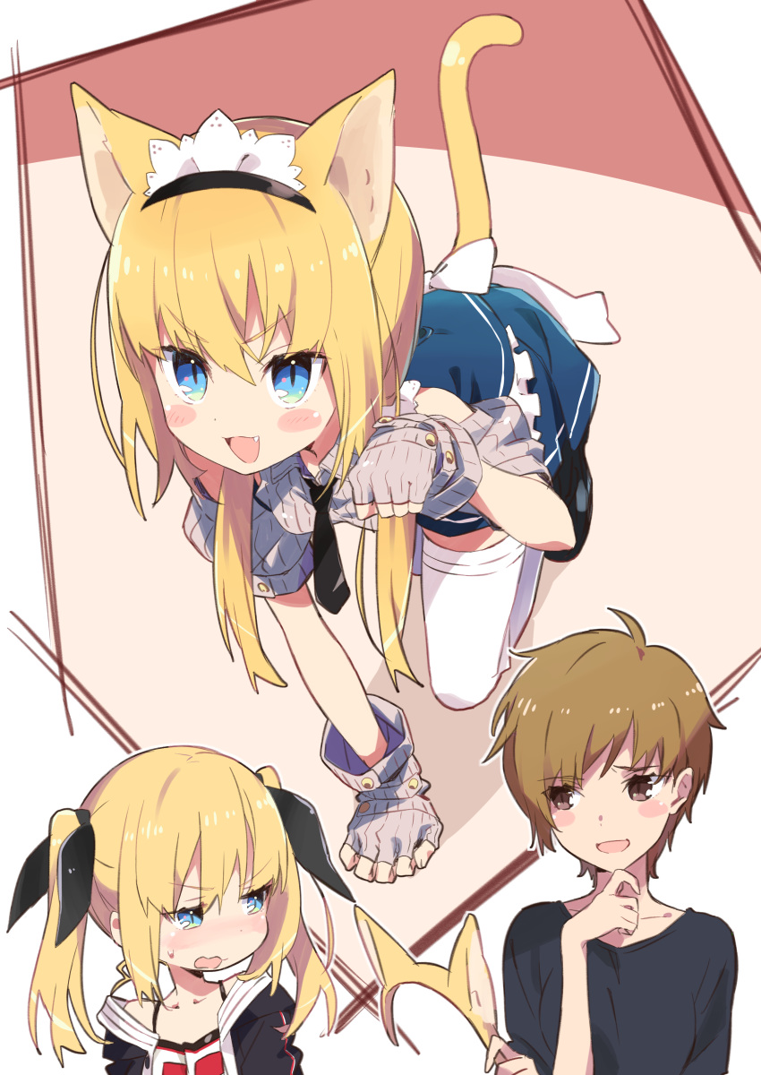 2girls :d absurdres all_fours amaryllis_class animal_ears bangs black_jacket black_neckwear blonde_hair blue_eyes blue_skirt blush blush_stickers brown_eyes brown_hair camisole cat_ears cat_girl cat_tail character_request collarbone collared_shirt commentary_request eyebrows_visible_through_hair fake_animal_ears fang fingerless_gloves gloves grey_gloves grey_shirt hair_between_eyes hairband highres holding jacket kotohara_hinari long_hair multiple_girls necktie off_shoulder open_clothes open_jacket open_mouth paw_pose puffy_short_sleeves puffy_sleeves ribbed_gloves shirt short_sleeves skirt slit_pupils smile tail tama_(tama-s) thighhighs twintails v-shaped_eyebrows virtual_youtuber white_camisole white_legwear yellow_hairband