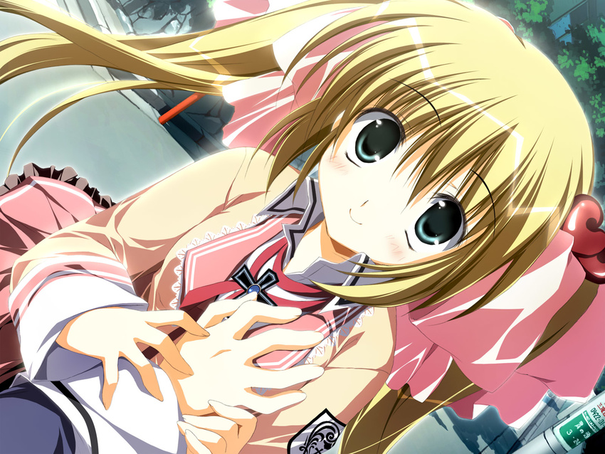 aihara_tokimi blonde_hair blue_eyes breast_grab breasts dutch_angle game_cg grabbing groping guided_breast_grab highres holding_hands korie_riko long_hair medium_breasts non-web_source school_uniform smile solo_focus supreme_candy twintails