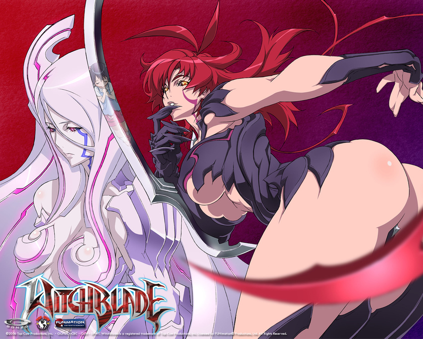 amaha_masane amaha_rihoko arm_blade armor artist_request bikini_armor black_sclera blade bodypaint breasts claws glowing glowing_eyes hair_bobbles hair_ornament large_breasts multiple_girls official_art purple_eyes red_hair short_hair silver_hair smile soho_reina underboob weapon witchblade yellow_eyes