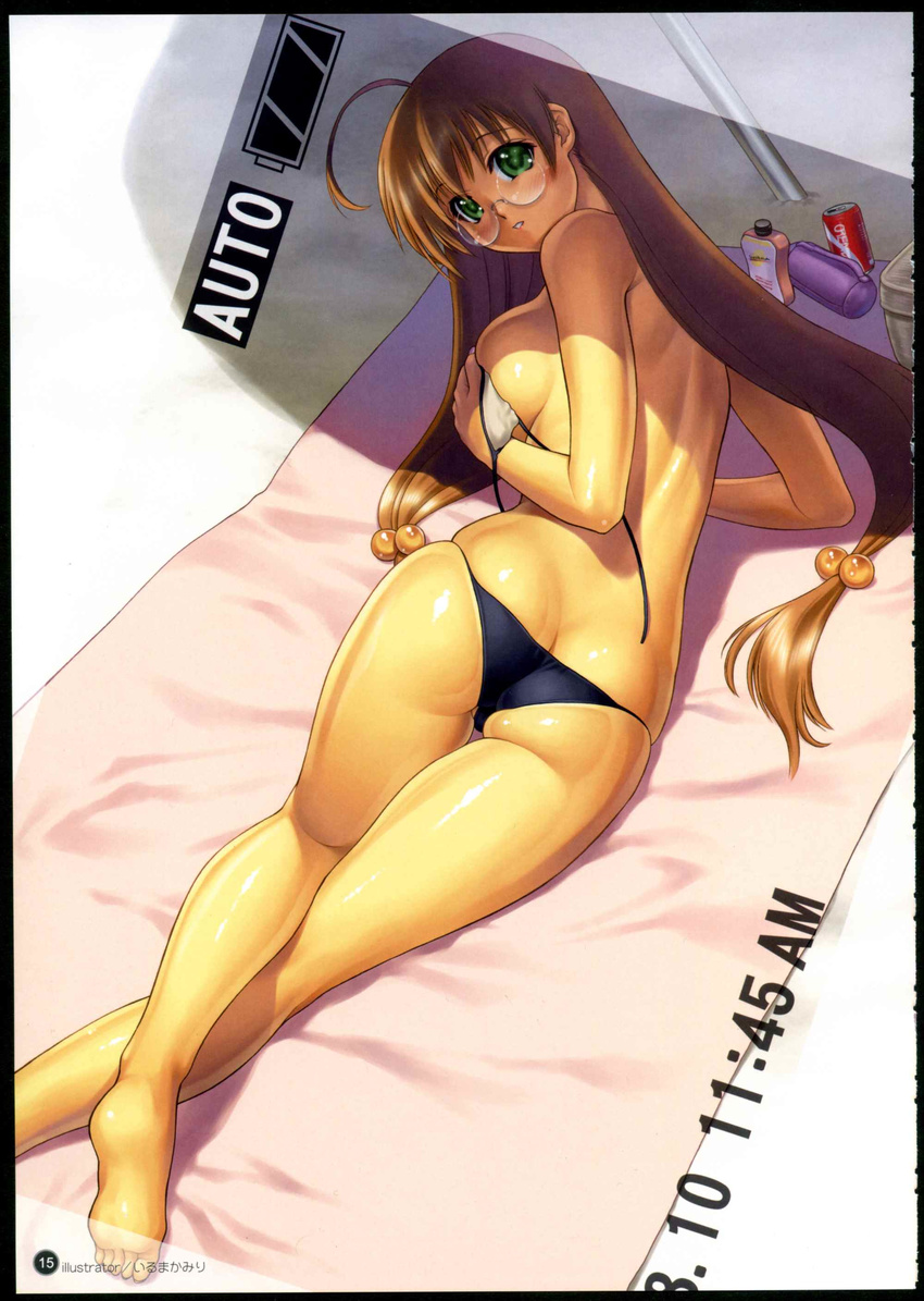 absurdres ahoge ass back barefoot bikini black_border blush border breasts brown_hair butt_crack can covering covering_breasts crossed_legs curvy feet from_behind glasses green_eyes hair_bobbles hair_ornament highres ikkitousen ikkitousen_great_guardians iruma_kamiri large_breasts long_hair looking_at_viewer looking_back low-tied_long_hair lowleg lowleg_bikini lying on_stomach ryuubi_gentoku scan shadow shiny shiny_skin sideboob skindentation soles solo string_bikini swimsuit tan towel twintails undersized_clothes untied very_long_hair viewfinder
