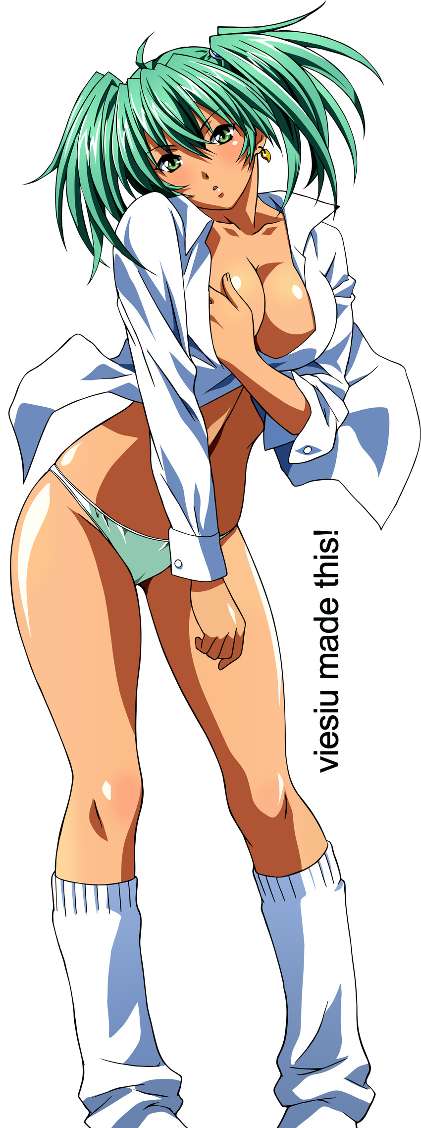 absurdres blush breasts cleavage dress_shirt earrings eyebrows_visible_through_hair full_body green_eyes green_hair green_panties head_tilt highres ikkitousen ikkitousen_great_guardians jewelry large_breasts long_image loose_socks magatama panties rin-sin ryofu_housen shirt socks solo standing stick_poster tall_image transparent_background twintails underwear vector_trace