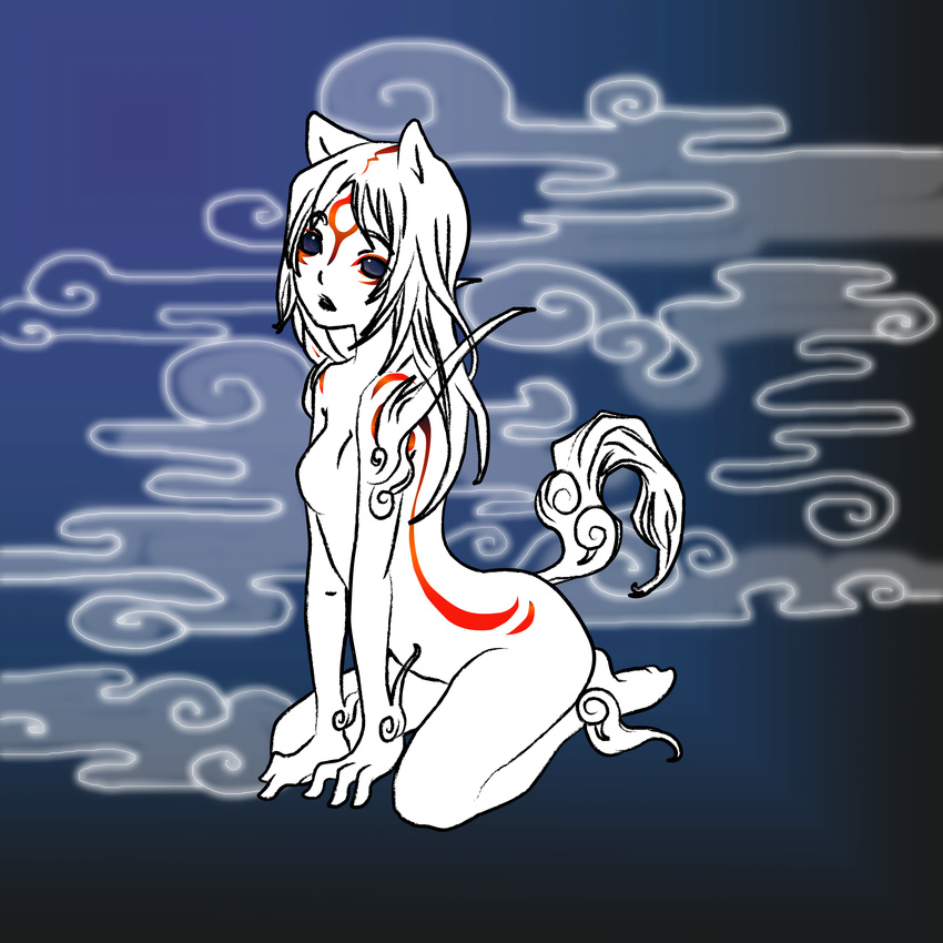 absurdres amaterasu animal_ears arched_back arm_support barefoot blue_eyes bodypaint empty_eyes facial_mark flat_chest forehead_mark groin highres kintaro long_hair multicolored_hair no_nipples nude ookami_(game) open_mouth personification seiza sitting solo tail two-tone_hair white_hair wolf_ears wolf_tail