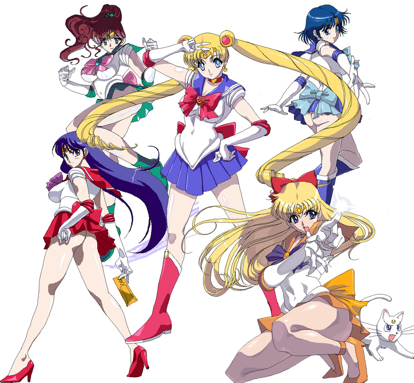 aino_minako artemis_(sailor_moon) ass back_bow bare_legs bishoujo_senshi_sailor_moon black_hair blonde_hair blue_footwear blue_hair blue_sailor_collar blue_skirt boots bow brown_hair cat choker double_bun earrings elbow_gloves gloves green_footwear green_sailor_collar green_skirt hair_bobbles hair_bow hair_ornament high_heels highres hino_rei inner_senshi jewelry kino_makoto knee_boots long_hair magical_girl mizuno_ami multiple_girls no_panties ofuda orange_bow orange_choker orange_sailor_collar orange_skirt pink_bow piyopiyomaru ponytail red_bow red_choker red_sailor_collar red_skirt sailor_collar sailor_jupiter sailor_mars sailor_mercury sailor_moon sailor_senshi sailor_senshi_uniform sailor_venus shoes short_hair skirt strappy_heels tiara tsukino_usagi twintails white_gloves