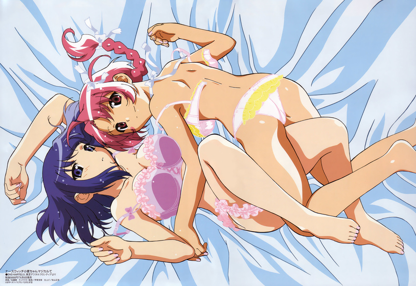 age_difference ahoge arm_up ass back barefoot bed_sheet between_legs blue_eyes blue_hair blush blush_stickers bow bow_bra bra braid breasts buckle choker cleavage clenched_hands closed_mouth collarbone cross-laced_clothes dakimakura feet flat_chest frilled_bra frilled_panties frills from_above from_behind hair_ribbon hair_spread_out highres indoors itou_katsunobu knees_up kokubunji_koyori large_breasts leg_between_thighs leg_garter light_smile lingerie long_hair looking_at_viewer looking_back megami multiple_girls nail_polish nakahara_komugi non-web_source nurse_witch_komugi-chan nurse_witch_komugi-chan_magikarte official_art on_bed open_bra outstretched_arm panties parted_lips pink_eyes pink_hair pink_nails purple_bra reference_work ribbon ribbon_choker satou_taka scan shiny shiny_hair shiny_skin short_hair single_braid smile straddling strap_slip tan thigh_straddling toenail_polish two_side_up underwear underwear_only unfastened white_bra white_panties yuri