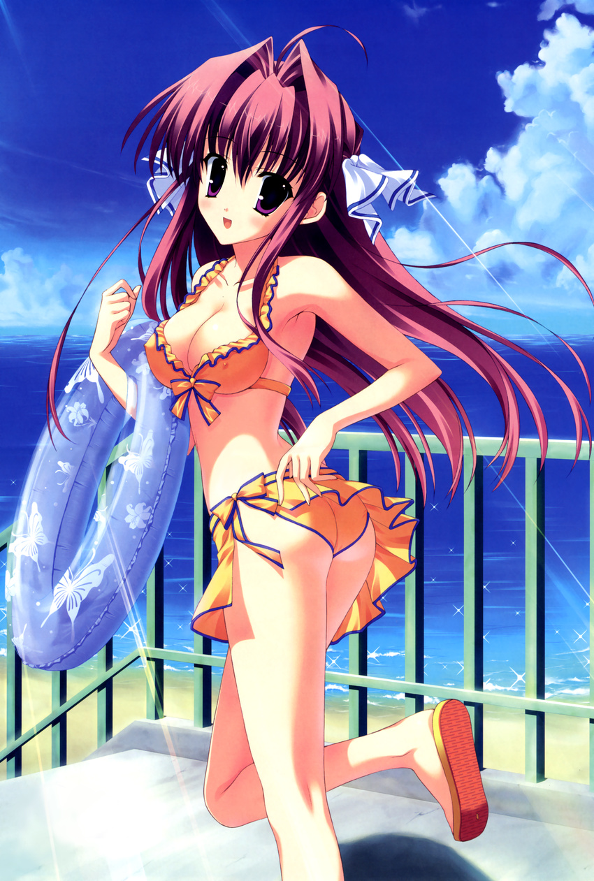 absurdres ass bikini blush breasts clear cloud covered_nipples day duplicate flip-flops front-tie_top highres innertube large_breasts light_rays long_hair looking_back midriff mitha pink_hair purple_eyes sandals sarong sky smile solo sunbeam sunlight swimsuit tsukimura_miki wind wind_lift yellow_sarong