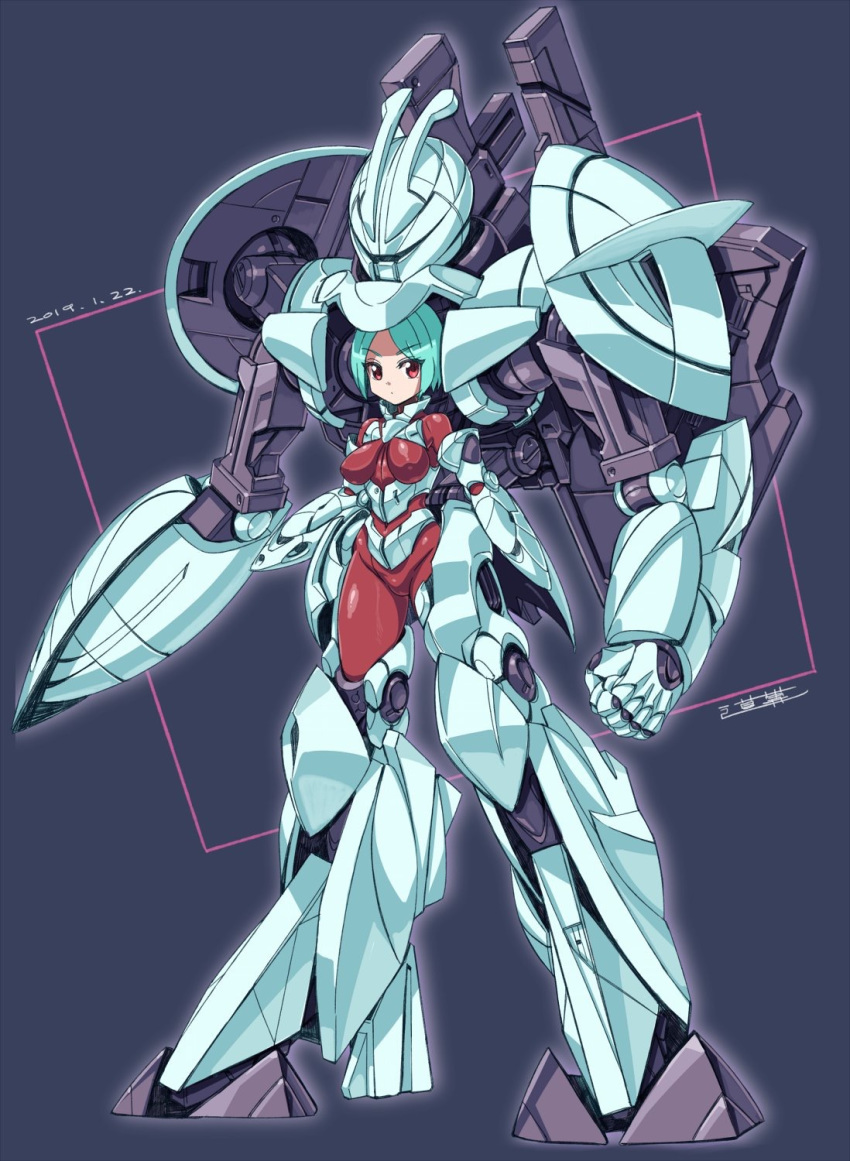 1girl bodysuit covered_navel dated eyebrows_visible_through_hair full_body green_hair gundam highres impossible_bodysuit impossible_clothes looking_at_viewer mecha mecha_musume michi_kuso red_bodysuit red_eyes robot_joints short_hair skin_tight solo turn_a_gundam turn_x