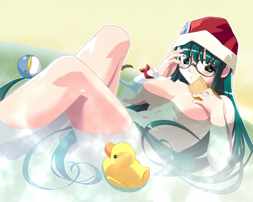 1280x1024 1girl ai_(popotan) bath blush book breasts female ferret glasses green_eyes green_hair hat long_hair navel nude popotan santa_hat solo unagi wallpaper watanabe_akio water