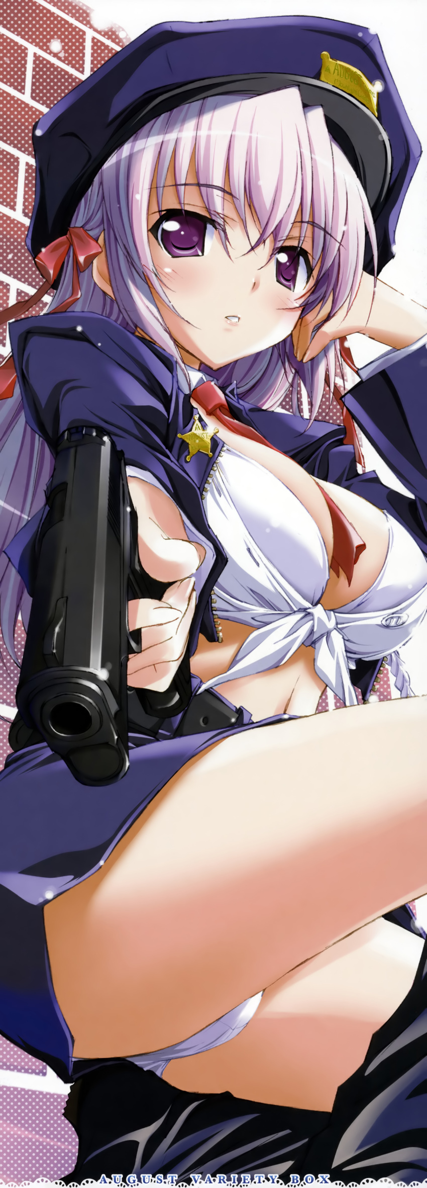 absurdres between_breasts blush bra breasts cleavage estel_freesia from_below hair_ribbon hat highres kurashima_tomoyasu large_breasts lavender_hair lingerie long_image midriff miniskirt panties pantyshot police police_uniform policewoman purple_eyes purple_hair ribbon skirt solo stick_poster tall_image underwear uniform white_panties yoake_mae_yori_ruri_iro_na