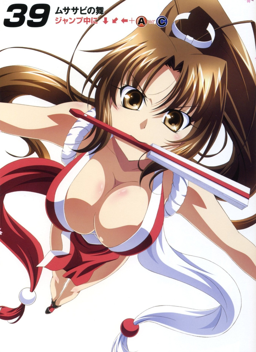 breasts brown_eyes brown_hair cleavage fatal_fury highres izumi_mahiru japanese_clothes large_breasts long_hair pelvic_curtain ponytail queen's_gate revealing_clothes shiranui_mai solo the_king_of_fighters