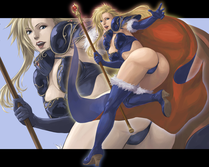 armor ass bent_over blonde_hair blue_eyes boots brandish breasts cape cleavage dela_delon gaia high_heels large_breasts lipstick long_hair looking_back makeup open_mouth shoes solo staff teeth thigh_boots thighhighs zoom_layer