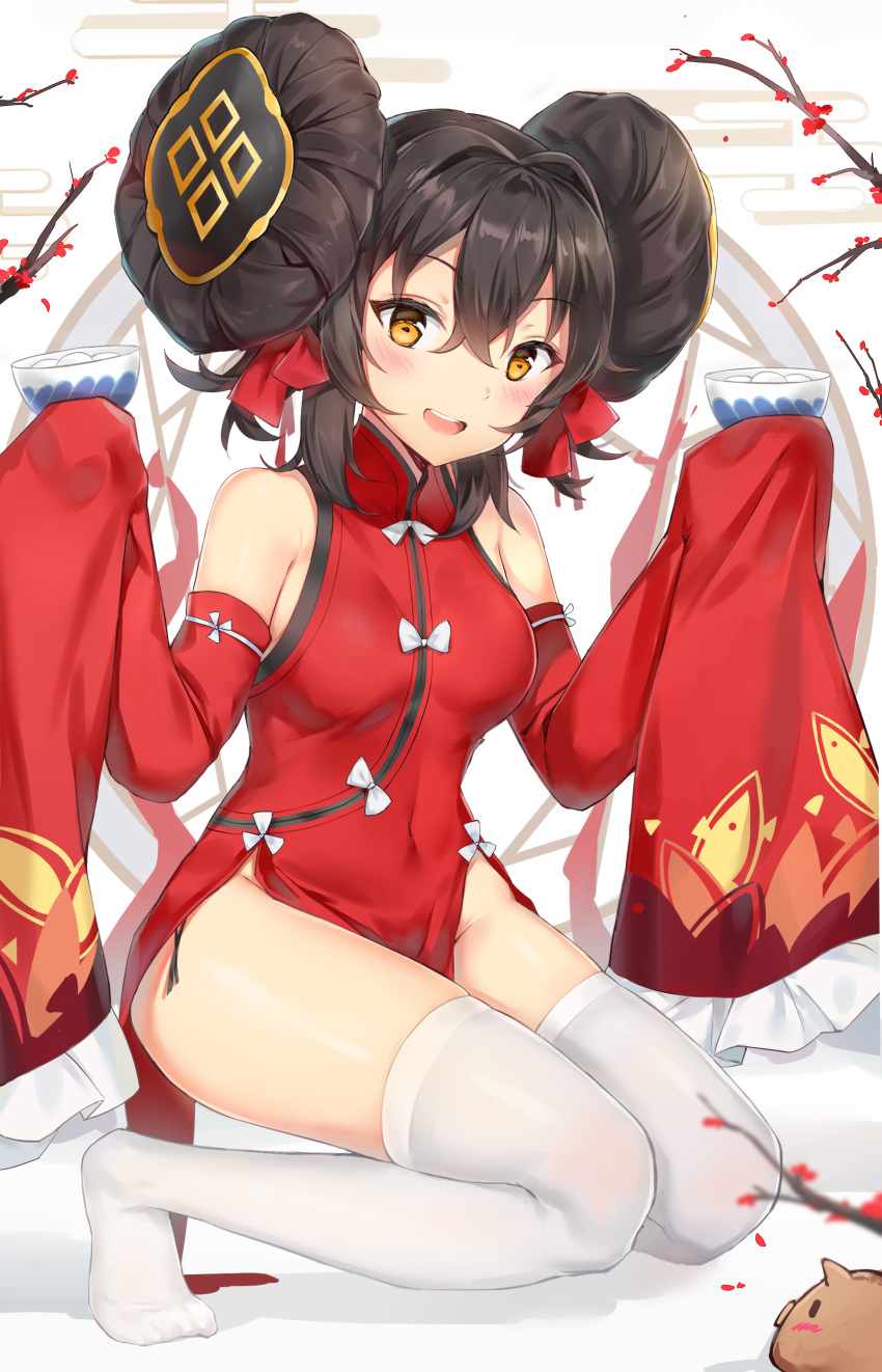 1girl :d absurdres bare_shoulders black_hair blush boar bow bowl branch china_dress chinese_clothes commentary_request covered_navel detached_sleeves double_bun dress flower frilled_sleeves frills ginn_(hzh770121) girls_frontline hair_between_eyes hair_intakes hair_ribbon highres holding holding_bowl looking_at_viewer no_panties no_shoes open_mouth pelvic_curtain qbz-97_(girls_frontline) red_dress red_ribbon ribbon side_slit sidelocks sleeves_past_wrists smile solo squatting thighhighs thighs tight white_bow white_legwear yellow_eyes