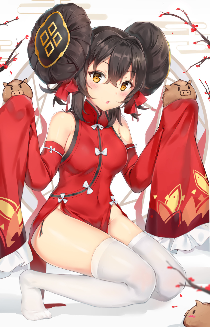 1girl :o absurdres animal bare_shoulders black_hair blush boar bow branch china_dress chinese_clothes covered_navel detached_sleeves double_bun dress flower frilled_sleeves frills ginn_(hzh770121) girls_frontline hair_between_eyes hair_intakes hair_ribbon highres holding holding_animal looking_at_viewer no_panties no_shoes open_mouth pelvic_curtain qbz-97_(girls_frontline) red_dress red_ribbon ribbon side_slit sidelocks sleeves_past_wrists solo squatting thighhighs thighs tight white_bow white_legwear yellow_eyes