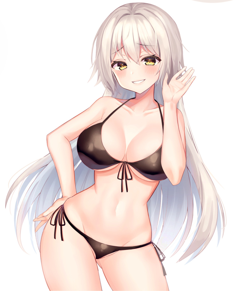 1girl bare_arms bare_shoulders bikini black_bikini blush breasts cleavage collarbone contrapposto cowboy_shot fate/grand_order fate_(series) front-tie_bikini front-tie_top gluteal_fold grin groin hair_between_eyes hair_intakes halter_top halterneck hand_on_hip hand_up highres hinaki_(hinaki_0102) jeanne_d'arc_(alter_swimsuit_berserker) jeanne_d'arc_(fate)_(all) large_breasts legs_apart long_hair looking_at_viewer navel side-tie_bikini silver_hair simple_background smile solo standing stomach swimsuit teeth thighs very_long_hair white_background yellow_eyes