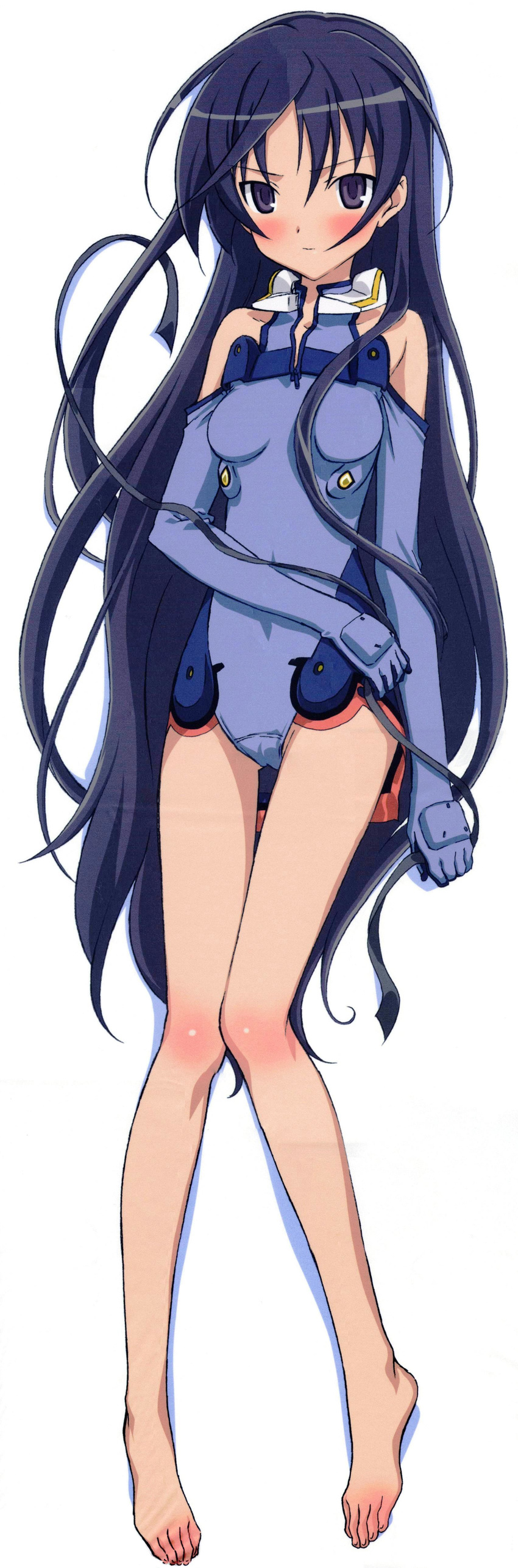 absurdres alternate_hairstyle bangs bare_shoulders barefoot blue_eyes blue_gloves blue_hair blue_leotard blush body_blush breasts dakimakura elbow_gloves feet from_above full_body gloves hair_down halterneck highres holding ichijou_eika iizuka_haruko knees_together_feet_apart leotard light_smile long_hair long_legs looking_at_viewer lying motion_slit official_art on_back parted_bangs pilot_suit ribbon scan shadow simple_background sky_girls slim_legs small_breasts smile solo thigh_gap turtleneck unzipped very_long_hair white_background zipper