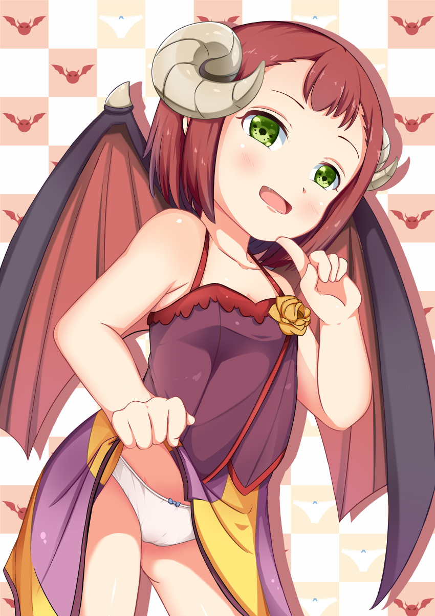 1girl absurdres blush breasts cameltoe collarbone demon_girl demon_horns demon_wings dress dress_lift endro! fang green_eyes groin hand_on_own_chin highres horns lifted_by_self looking_at_viewer mao_(endro!) nabunabu open_mouth panties red_hair shiny shiny_clothes shiny_hair shiny_skin short_hair small_breasts smile solo tongue underwear white_panties wings