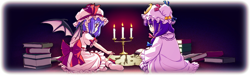 bat_wings book book_stack candle hat highres long_hair long_image moon multiple_girls patchouli_knowledge purple_hair red_eyes remilia_scarlet ribbon short_hair touhou wide_image wings yuuki_keisuke