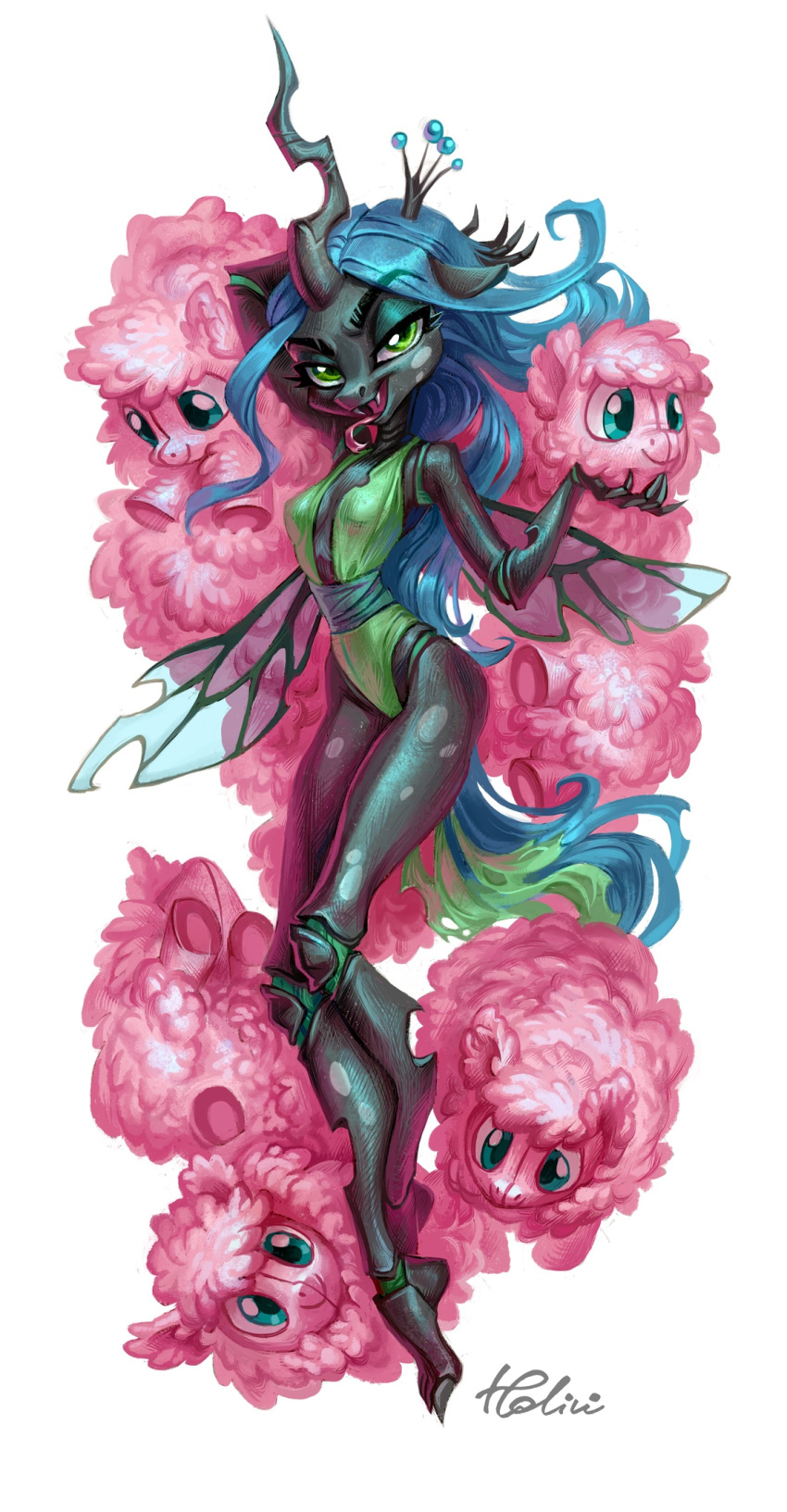 anthro breasts changeling cleavage clothed clothing eyeshadow fan_character female fluffle_puff friendship_is_magic green_eyes green_eyeshadow holivi leotard lying makeup my_little_pony plushie pose queen_chrysalis_(mlp)