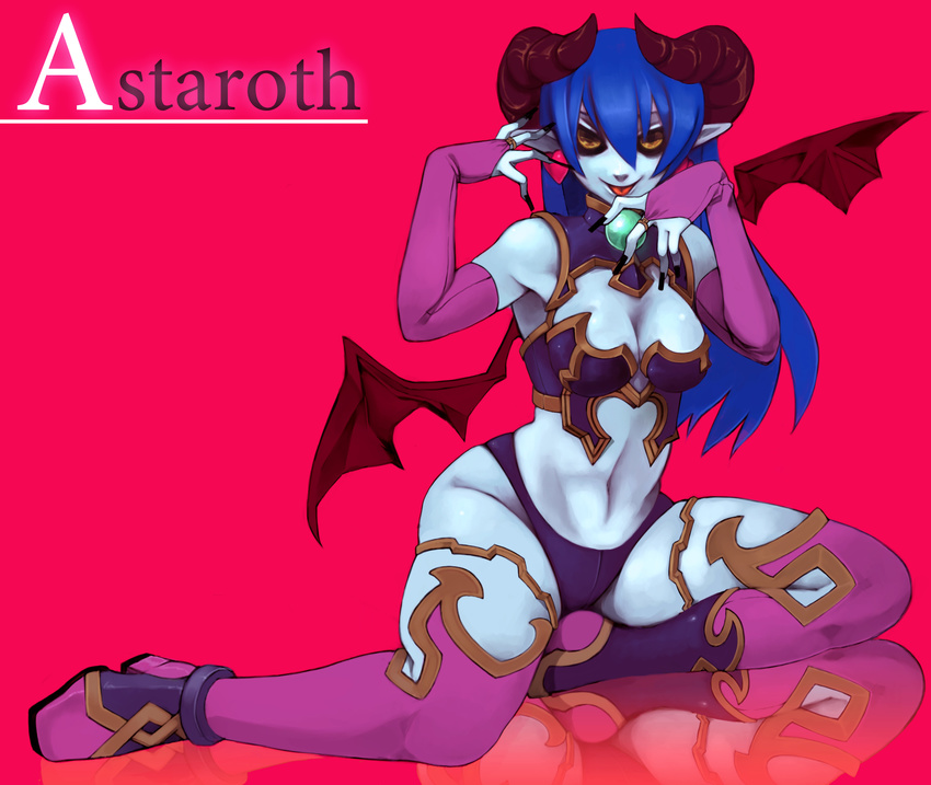 absurdres astaroth_(shinrabanshou) black_sclera blue_hair blue_skin boots demon_girl earrings heart heart_earrings highres horns jewelry long_hair pointy_ears purple_footwear red_wings shinrabanshou solo thighhighs tsurusaki_yuu wings yellow_eyes