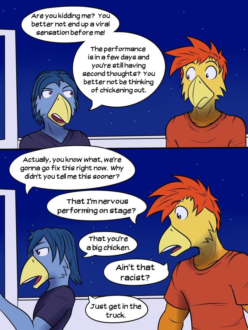 anthro avian comic dialogue english_text fuze male night text truck vehicle