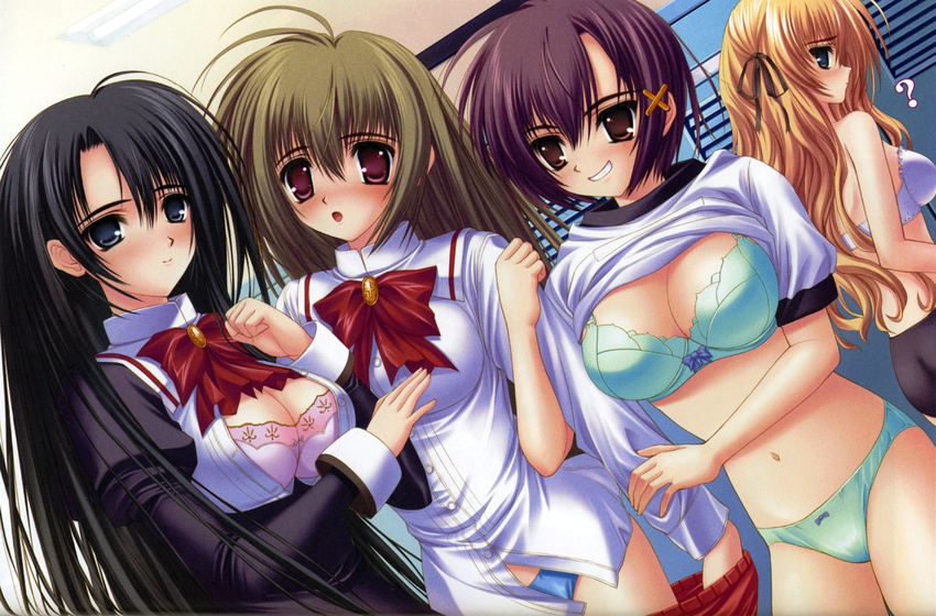 3girls ? black_hair blue_eyes blush bra brown_eyes brown_hair itsukushima_takako juujou_shion lingerie locker locker_room long_hair mikado_mariya miyanokouji_mizuho multiple_girls norita open_clothes open_shirt orange_hair otoko_no_ko otome_wa_boku_ni_koishiteru panties purple_eyes purple_hair school_uniform shirt shirt_lift short_hair underwear undressing