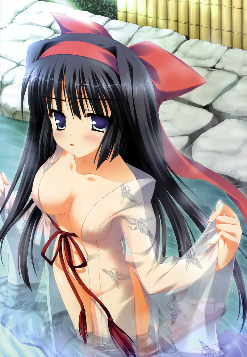 absurdres black_hair blue_eyes blush breasts cleavage highres hinamatsuri_touko kneeling long_hair medium_breasts mikoko_(game) nipples no_panties non-web_source purple_eyes ribbon see-through solo takegami_sayo very_long_hair water