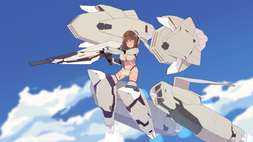 1girl alice_gear_aegis bangs black_gloves blue_sky blurry blurry_background breasts brown_hair cleavage cloud cloudy_sky commentary_request dark_skin day depth_of_field eyebrows_visible_through_hair flying gloves green_eyes gun hair_between_eyes highres holding holding_gun holding_weapon kaneshiya_sitara large_breasts maze_(gochama_ze_gohan) mecha_musume navel outdoors sky solo thighhighs weapon