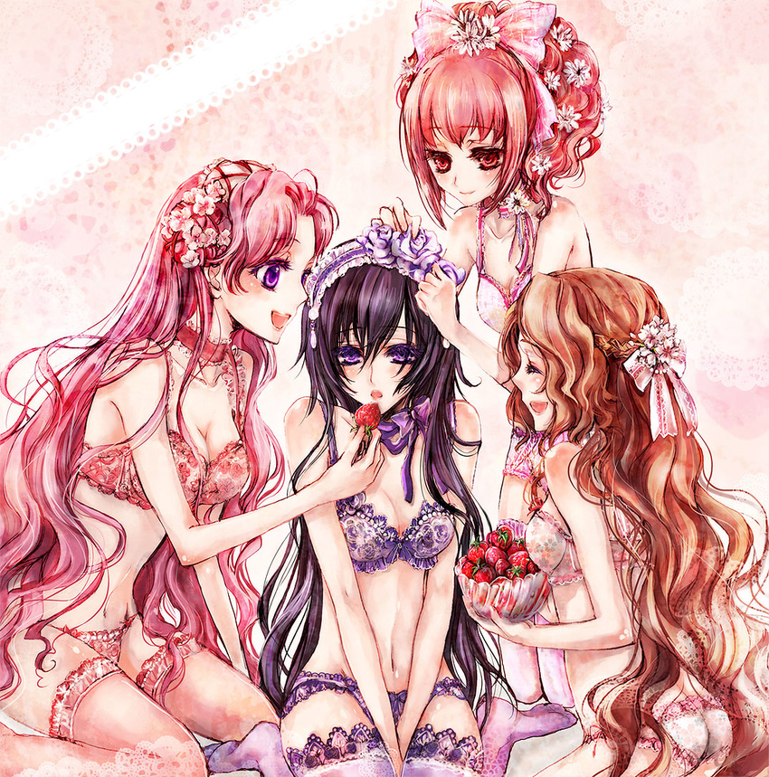 anya_alstreim blush bra breasts code_geass euphemia_li_britannia food fruit garters genderswap genderswap_(mtf) hai_yoru lingerie long_hair luluko medium_breasts multiple_girls nunnally_lamperouge panties pink_eyes pink_hair purple_panties red_panties small_breasts strawberry thighhighs underwear underwear_only white_panties