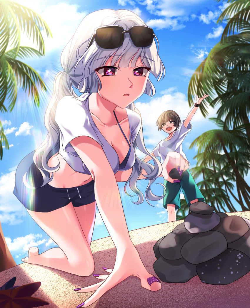 1girl :o absurdres androgynous arm_up barefoot beach black_shorts black_wristband blue_sky breasts brown_hair cloud eile_(esspril) eyewear_on_head foreshortening highres medium_breasts midriff nail_polish original outdoors ponytail purple_nails rock shirt short_hair shorts silver_hair sky sunglasses sunlight t-shirt wristband