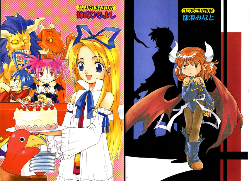 3girls beast_(disgaea) blonde_hair blue_eyes blue_hair bow cake chibi company_connection croix_raoul disgaea dragon_(disgaea) earrings etna flonne food highres horns jewelry koutake_hiroyoshi la_pucelle laharl maou_prier monster multiple_boys multiple_girls nippon_ichi pantyhose pastry pink_eyes pink_hair plate prier prinny red_eyes shadow smile sweatdrop tonami_minato wings