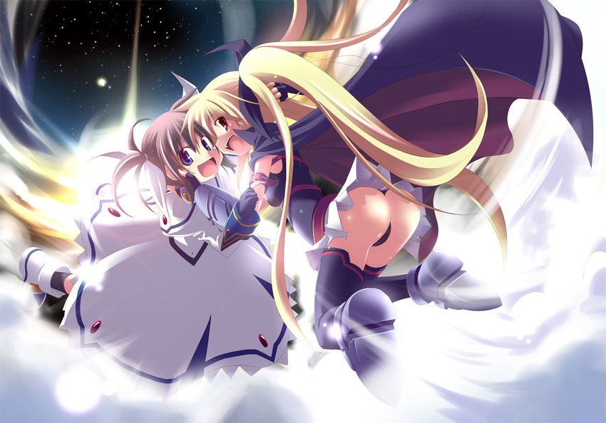 ass blonde_hair blue_eyes brown_hair fate_testarossa fingerless_gloves gloves kazekawa_nagi long_hair lyrical_nanoha mahou_shoujo_lyrical_nanoha mahou_shoujo_lyrical_nanoha_a's multiple_girls red_eyes star takamachi_nanoha thighhighs twintails