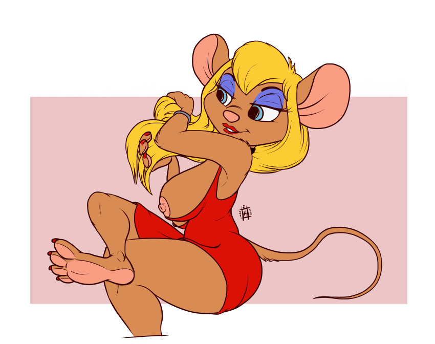 anthro big_breasts blonde_hair blue_eyes breasts chip_'n_dale_rescue_rangers clothed clothing disney dress eyelashes female fur gadget_hackwrench hair hi_res hindpaw hyenatig_(artist) long_hair mammal mouse paws rodent simple_background sitting solo