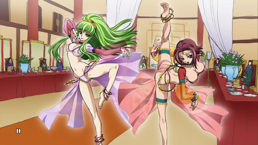 ass bad_feet barefoot bikini blue_eyes breasts c.c. cleavage code_geass dancer feet flexible green_hair gypsy hanging_breasts highres jewelry kallen_stadtfeld large_breasts legs long_hair midriff multiple_girls red_hair screencap short_hair split standing standing_on_one_leg standing_split swimsuit thighs yellow_eyes