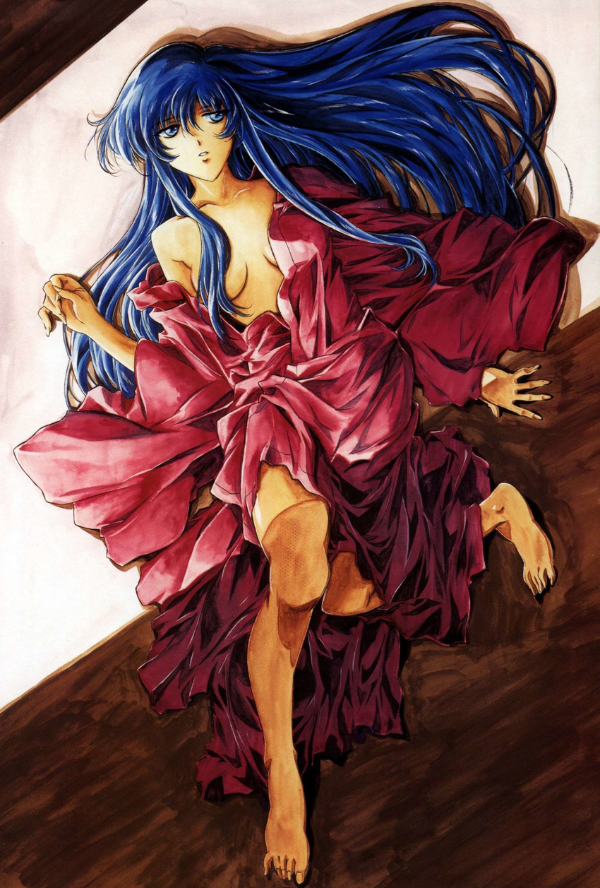 90s absurdres bare_shoulders barefoot blue_hair breasts cleavage feet gotou_keiji hair_censor hair_over_breasts highres japanese_clothes kidou_senkan_nadesico kimono long_hair lying medium_breasts misumaru_yurika on_back solo