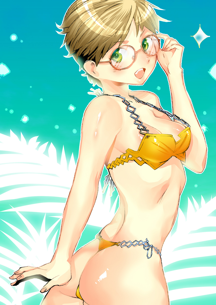 absurdres ass bikini blonde_hair colorized glasses green_eyes highres original short_hair solo swimsuit thong_bikini tomohide