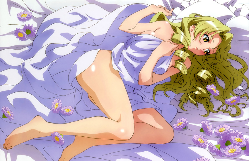 absurdres barefoot bed bed_sheet blonde_hair drill_hair feet flower highres legs long_hair naked_sheet non-web_source nude pillow solo tenjouin_saki to_love-ru yellow_eyes