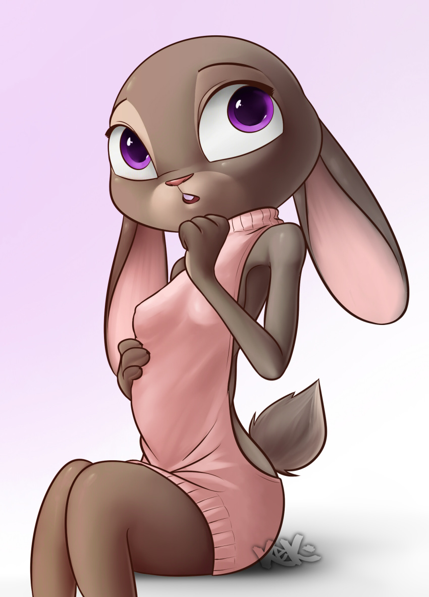 breasts brown_fur buckteeth clothed clothing disney female fur hi_res judy_hopps kektails lagomorph mammal nipple_outline open_mouth pink_background purple_eyes rabbit simple_background sitting small_breasts solo sweater teeth virgin_killer_sweater watermark zootopia